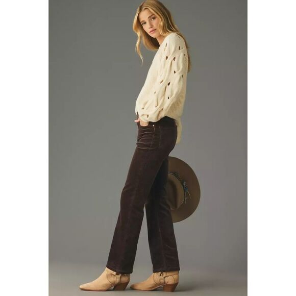 Pilcro Anthropologie The Yaya mink brown mid rise corduroy crop flare pants jean - Picture 2 of 13